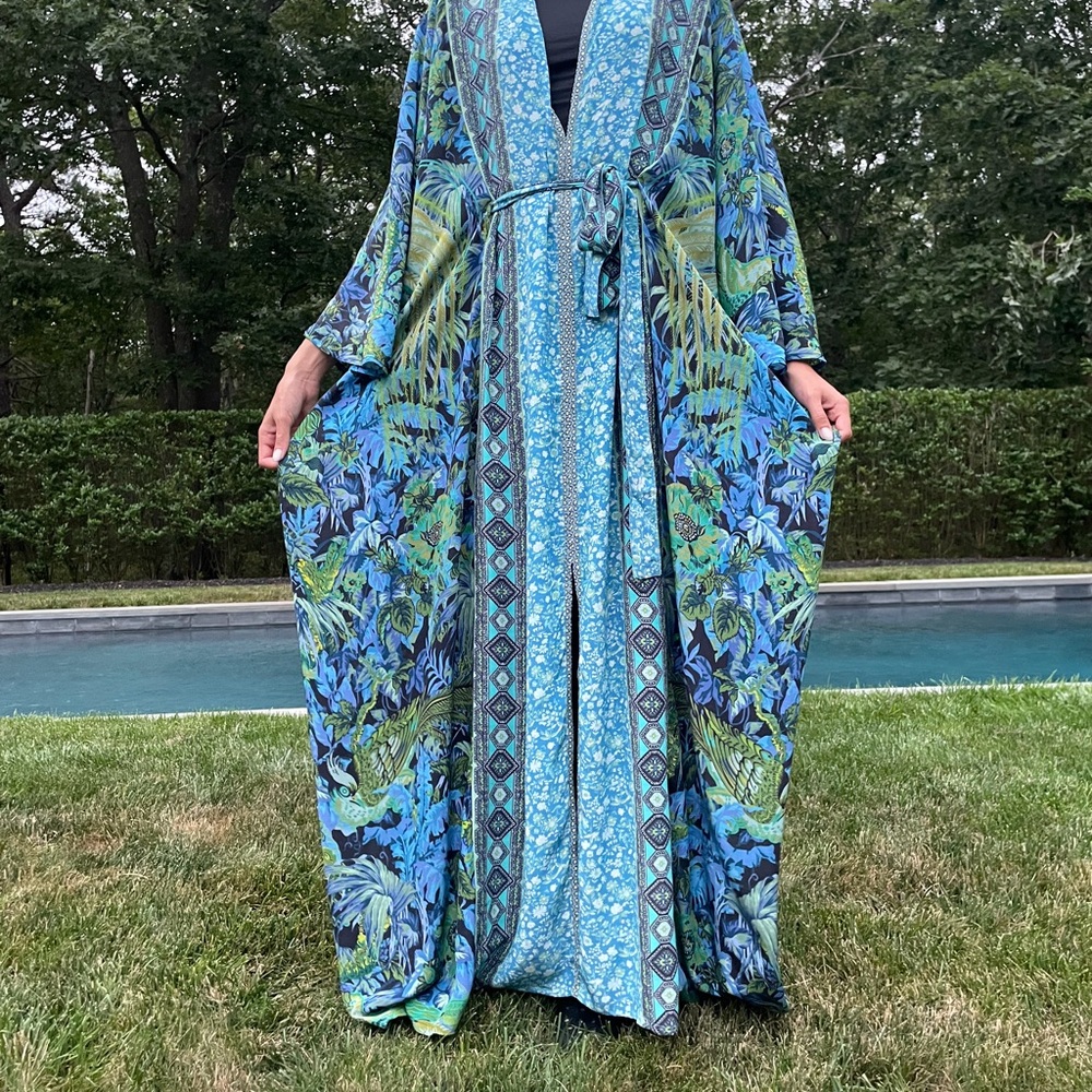 Luxurious D’ascoli Blue and Green Silk Kaftan dress